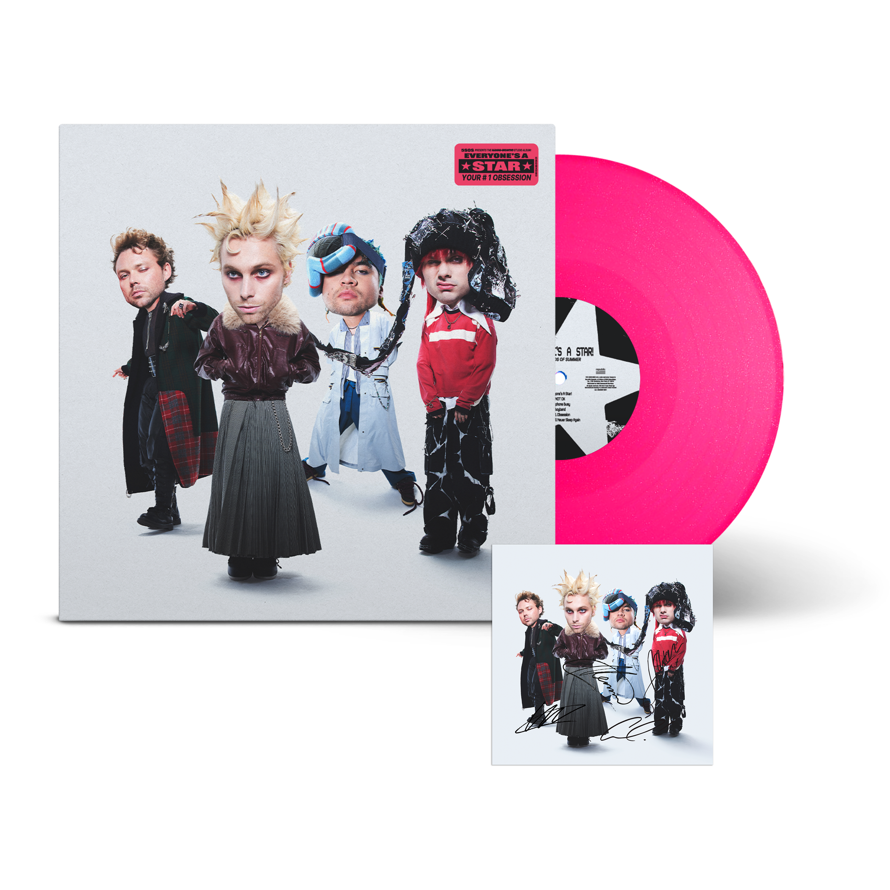 5 Seconds Of Summer - EVERYONE'S A STAR! - Hot Pink Glitter Vinyl + CD sized Signed Art Card